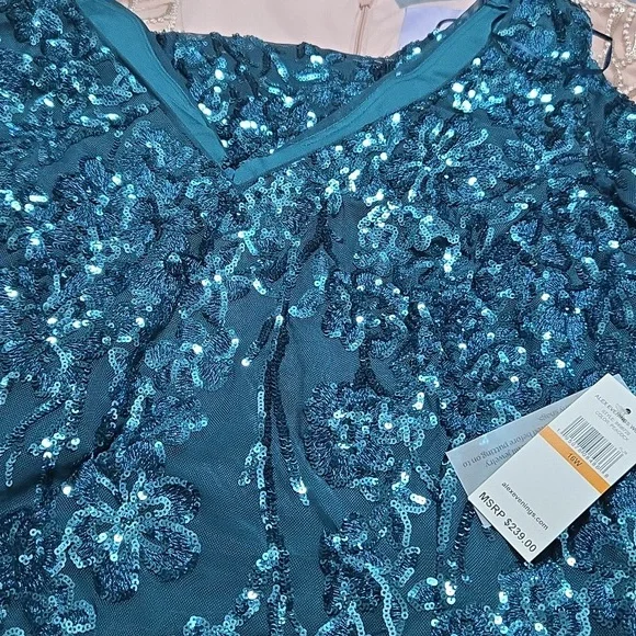 Alex Evenings V Neckline Sheath Dress with Cold-Shoulder Sleeves- Peacock - Picture 3 of 4